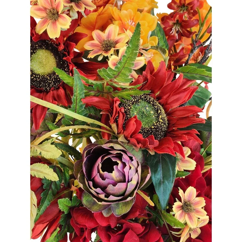 Artificial Floral Arrangement Bouquet - Fall Colors Red Yellow & Textured Accent